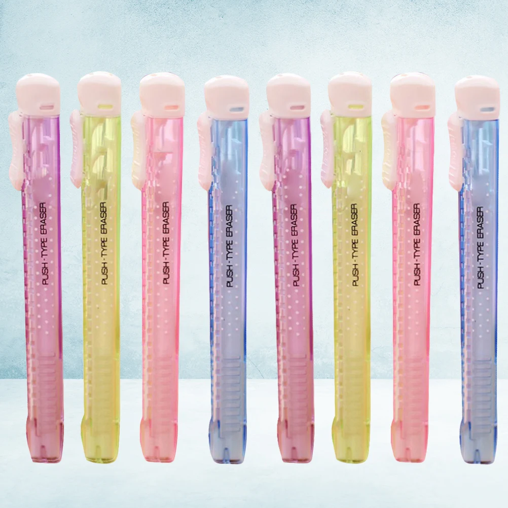 

8pcs Pen Shape Hand Press Erasers Funny Stationery School Supplies Office Accessories (Random Color)