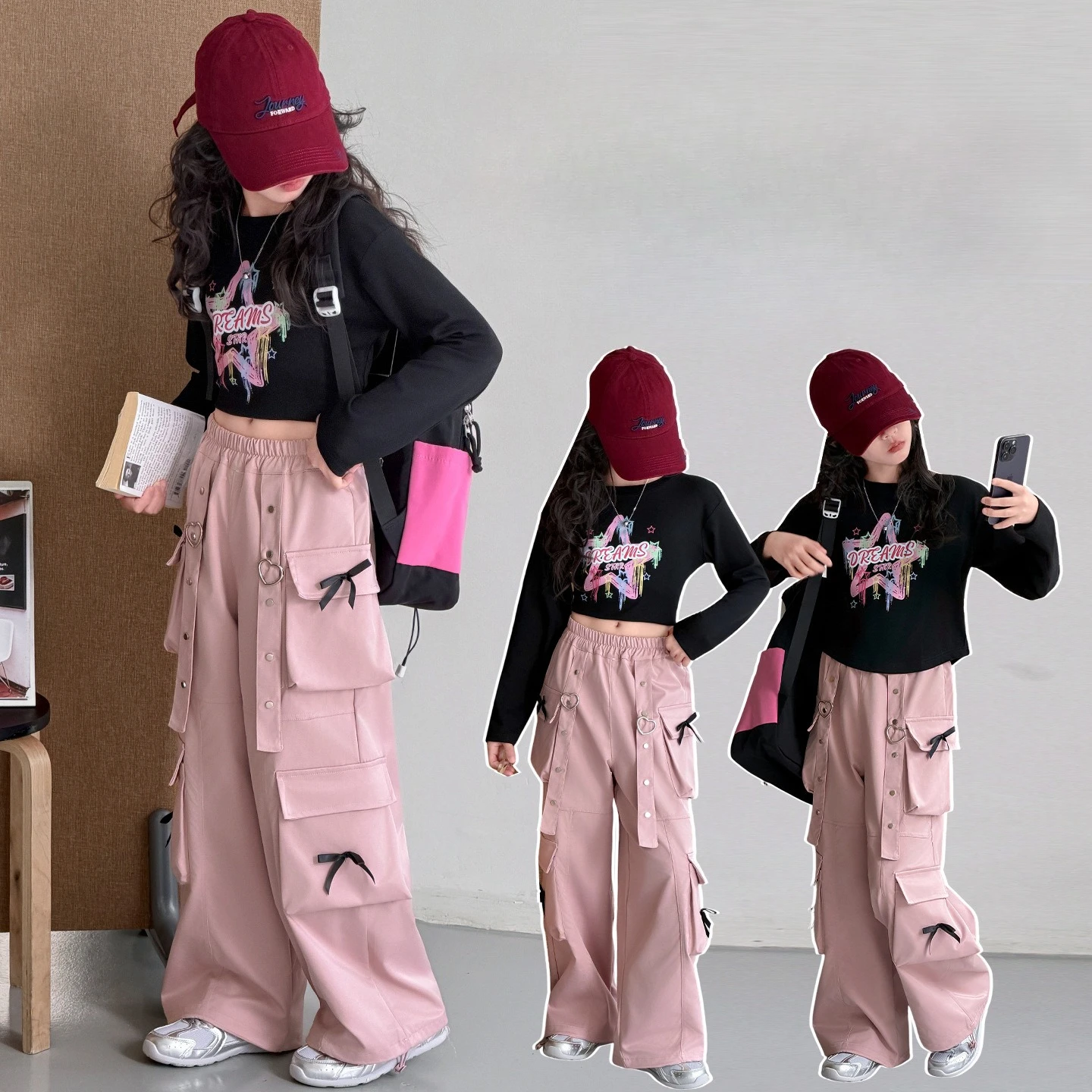 2026 New Girls Spring Autumn Casual Set Kids Star Graphic Long Sleeve Top Cargo Trousers Teens Childen Two Piece Clothing Outfit