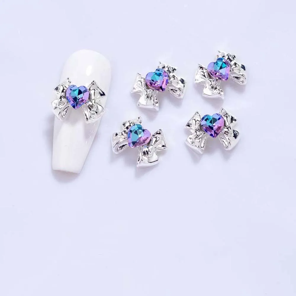 Nail Art Charm Bows, Alliage 3D, Métal, Argent, Déconnexion, Coeur, Clip, Décoration, DIY, Luxe, Accessoires pour Ongles, 10Pcs