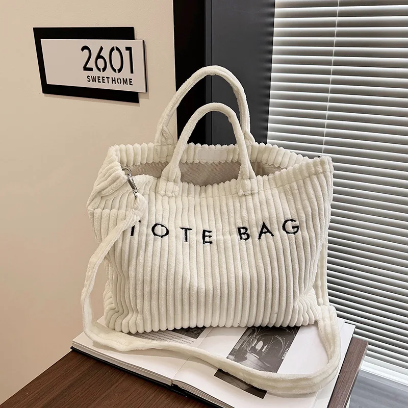 Simple Letter Soft Corduroy Shoulder Bags for Women Versatile Large Capacity Ladies Crossbody Bag Portable Female Handbags Tote