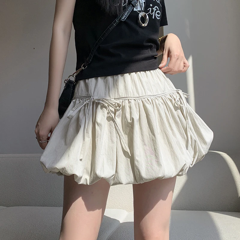 Sweet Preppy Mini Skirt Women Summer High Waist Casual Bow Bandage Bud Skirts Korean Loose Casual Student Kawaii A Line Skirts