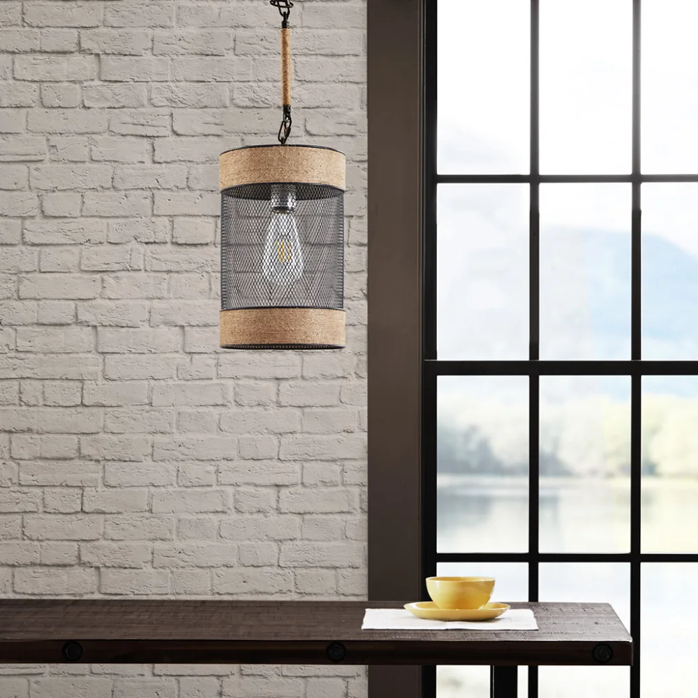 Natural Rope and Metal Mesh Cylinder Pendant,Industrial style pendant made from mixed material