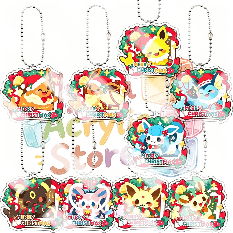 Eevee Sylveon Flareon Vaporeon Espeon Umbreon Christmas Acrylic Keychain Xmas Eevee Bead Chain Pendant Kawaii Holiday Bag Charm