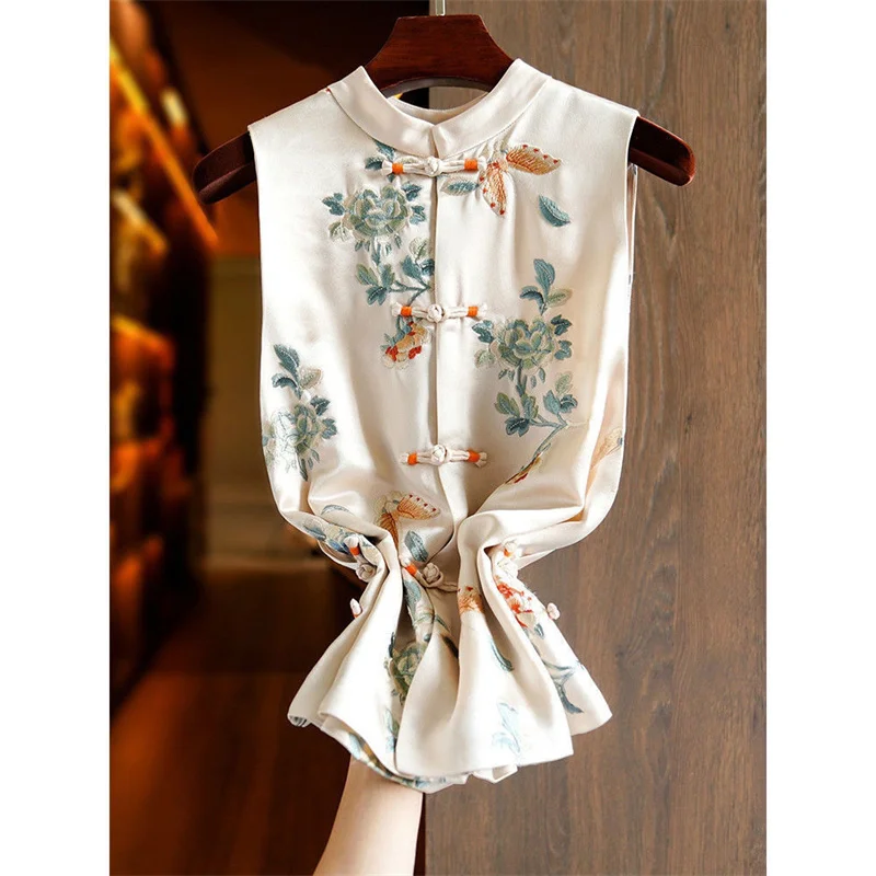 Champagne Color High-end Chinese Vest Women 2022 Summer New Middle-Aged Elderly Printing Retro Country Trendy Button Top Female