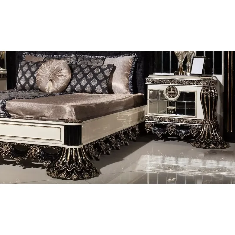 for Luxury Custom Modern Medieval Style Mahogany Bedroom Set Royal Gold Carving Queen Bed Large Wardrobe 2 Bedside Tables