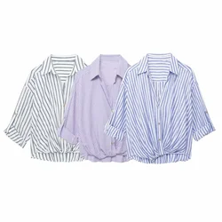 PB&ZA2024 Summer New Product Women's Wear European and American Style Casual Stripe Shirt Single breasted Top