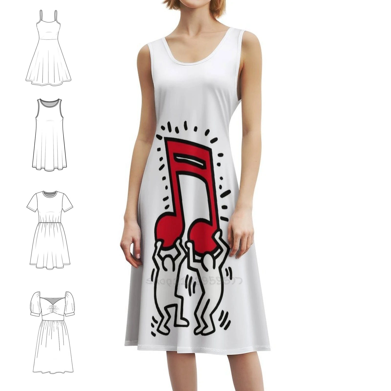 

Музыкальная нота Haring Pop Art Сексуальное платье для отпуска для женщин Пляжная вечеринка День рождения Мини-платье Funky Pop Art Designer Мультфильм Забавный