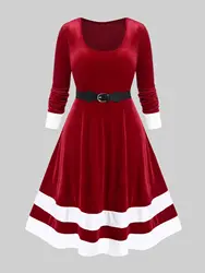 ROSEGAL Plus Size Women's Vintage Velvet Contrast Trim Dress Semi Formal, Christmas Party, Fall,Winter Dresses Vestidos Red