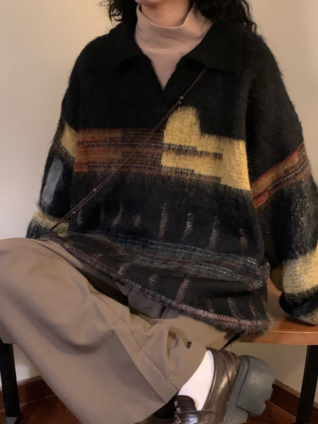 

Retro American Lazy Sle Striped Knitwear Collar Casual Sweater Men's Hole Design Autumn Warm Long Sve Outerwear