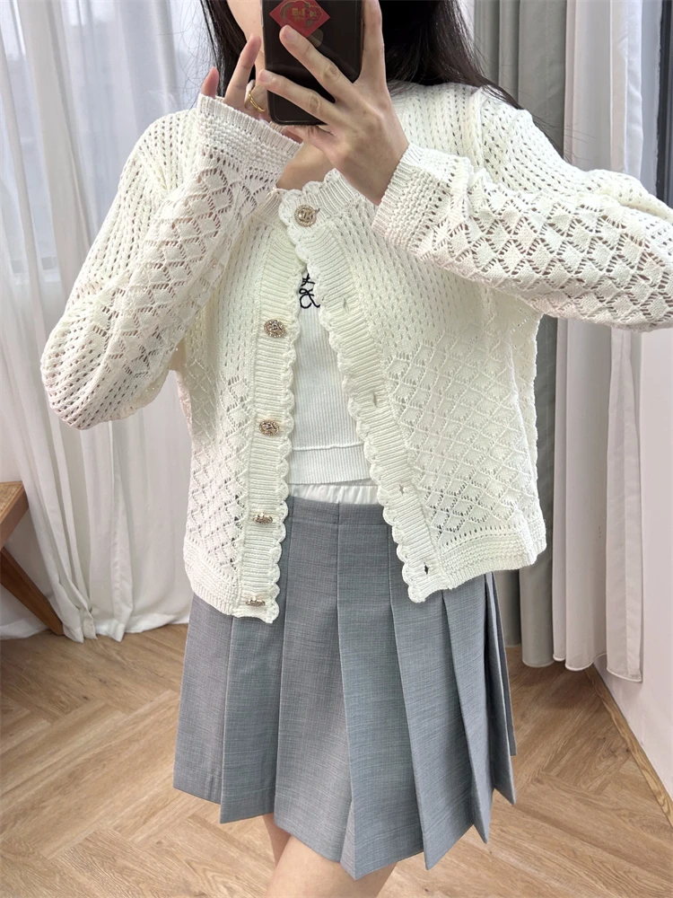 Cardigan à manches longues pour femme, col rond, boucle diamant, grille creuse, veste blanche, doux, tempérament doux, 107