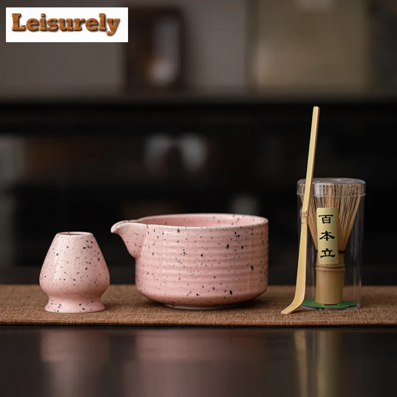 

Ink Dot Romantic Pink Matcha Eight-piece Set Song Dynasty Tools Tea Whisk Brush Powder Sieve Japanese Ceramic Bow Tea Items Gift