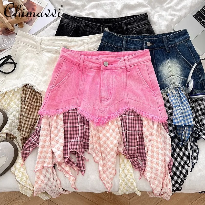 

Summer Ruffle Edge Splicing High Waist Thin Irregular Plaid Denim Skirt For Women