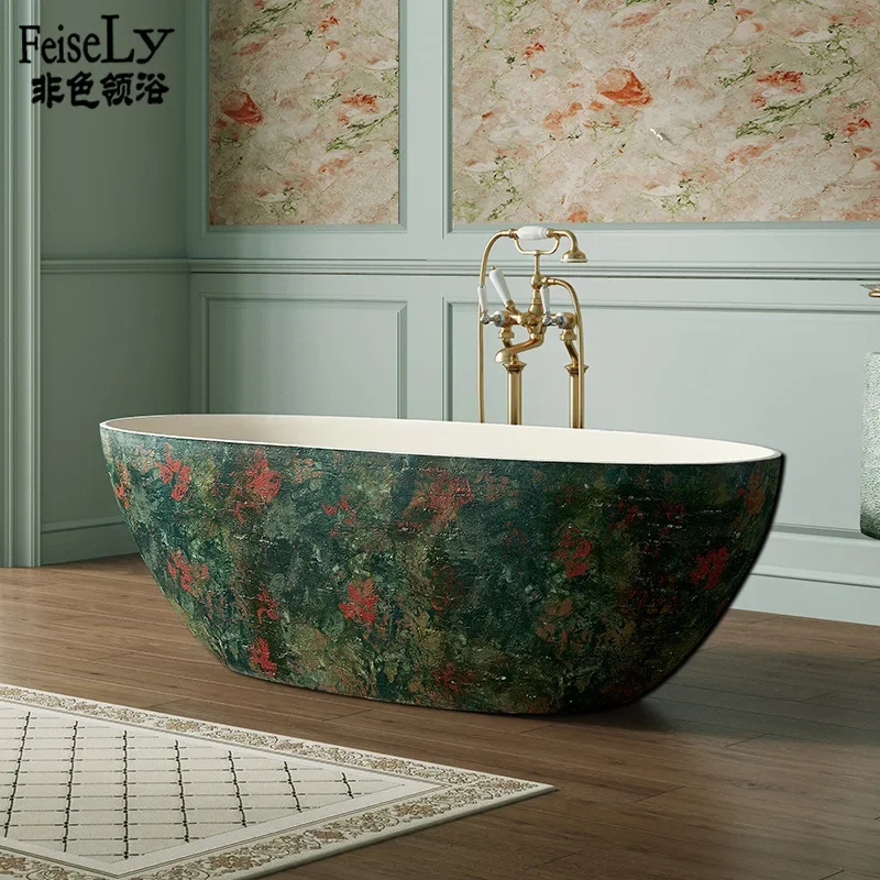 Monet Garden Natural Yellow Travertine Bathtub Homestay Villa Hotel Free-standing Oval Travertine Double Creative Bathtub