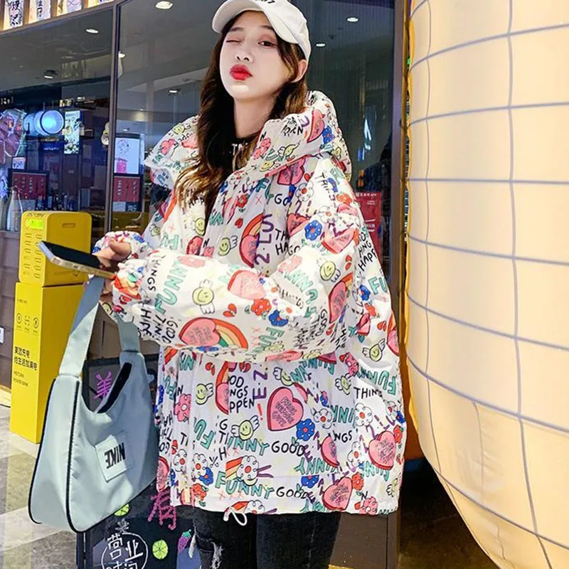 Novo outono inverno moda feminina graffiti impressão para baixo casaco de algodão lazer solto com capuz parka à prova de vento manter quente jaqueta feminina