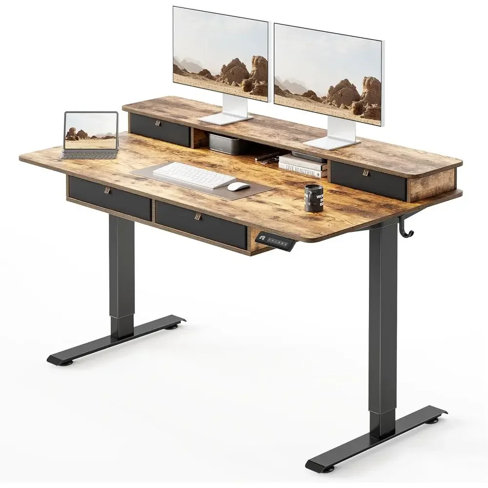 24 x 48 Inch Electric Height-Adjustable Standing Desk with Storage Shelves and Hooks, Rustic Brown