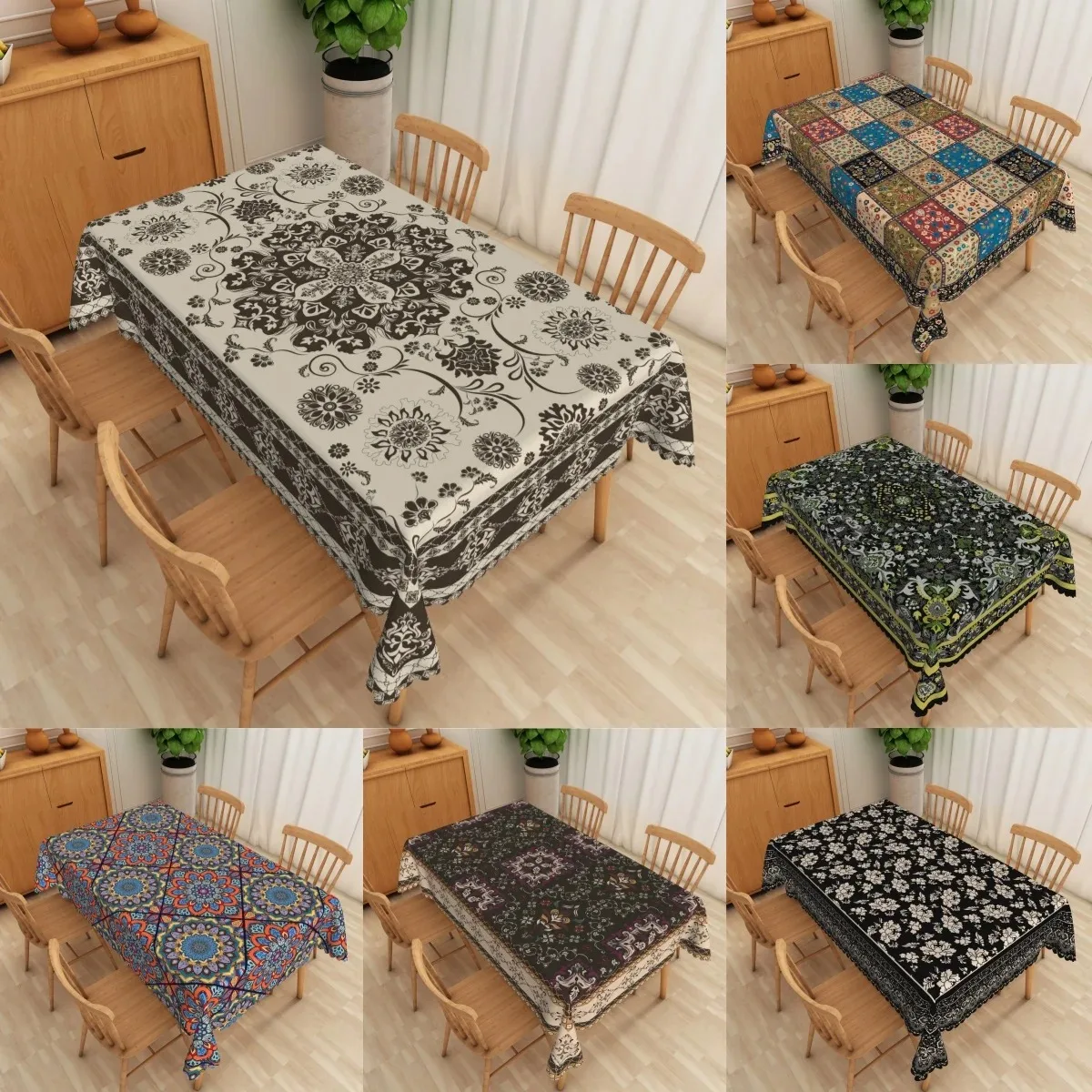 

Retro Damask Floral Tablecloth Waterproof Polyester Geometric Pattern Table Cover For Banquet Wedding Party Dining Room