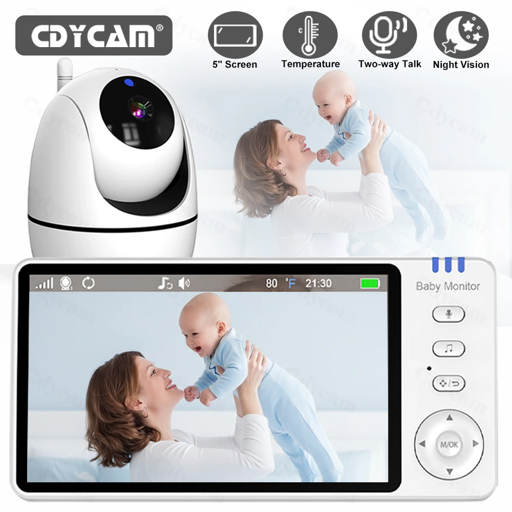 5Inch No WiFi Baby Monitor with Pan-Tilt-Zoom Cam Night Vision VOX 2 Way Talk Video Nanny With Temperature Detection 8 Lullabies