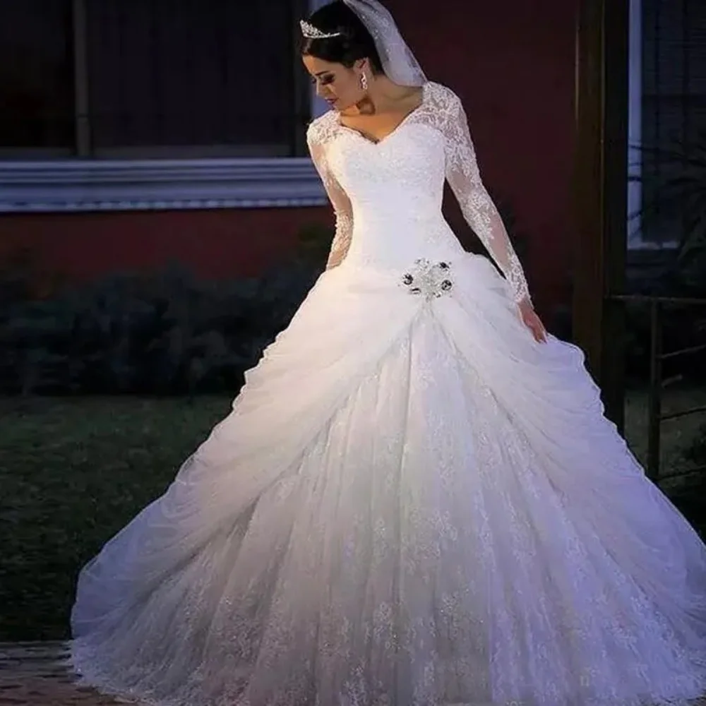 Robe de Mariée de Luxe en Dentelle et Tulle, Tenue Longue à Manches sulf, Col en V, Coupe Trapèze, Style Moderne, Grande Taille, 2024