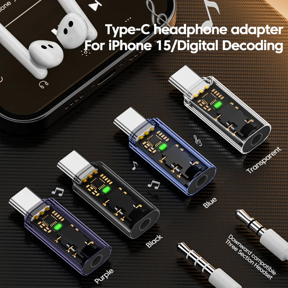 USB C Audio Adapter Type-C to 3.5mm Headphones Jack Transparent Decoding Connector For iPhone 15-17 Xiaomi Samsung Huawei Phones