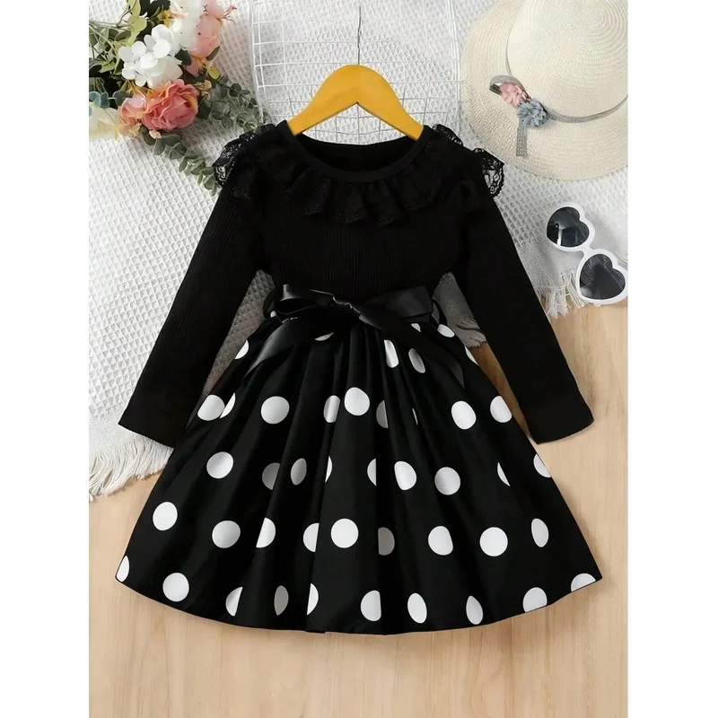 Summer Children's round Neck Long Sleeve Dress Elegant Solid Color Strap Polka Dot mid Length Skirt Casual