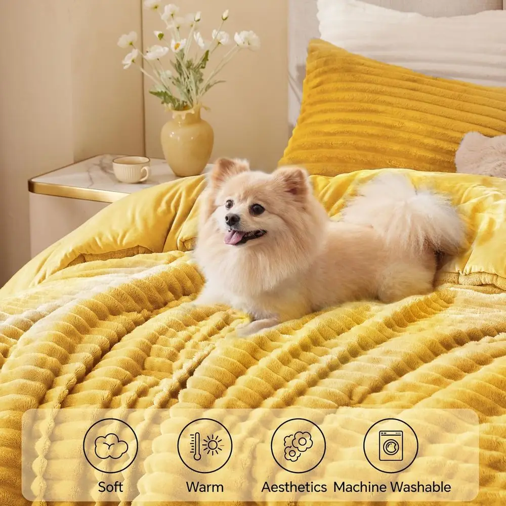 Selimut Bulu Lembut & Nyaman Warna Kuning Mustard dengan 2 Sarung Bantal untuk Malam Musim Dingin yang Mewah