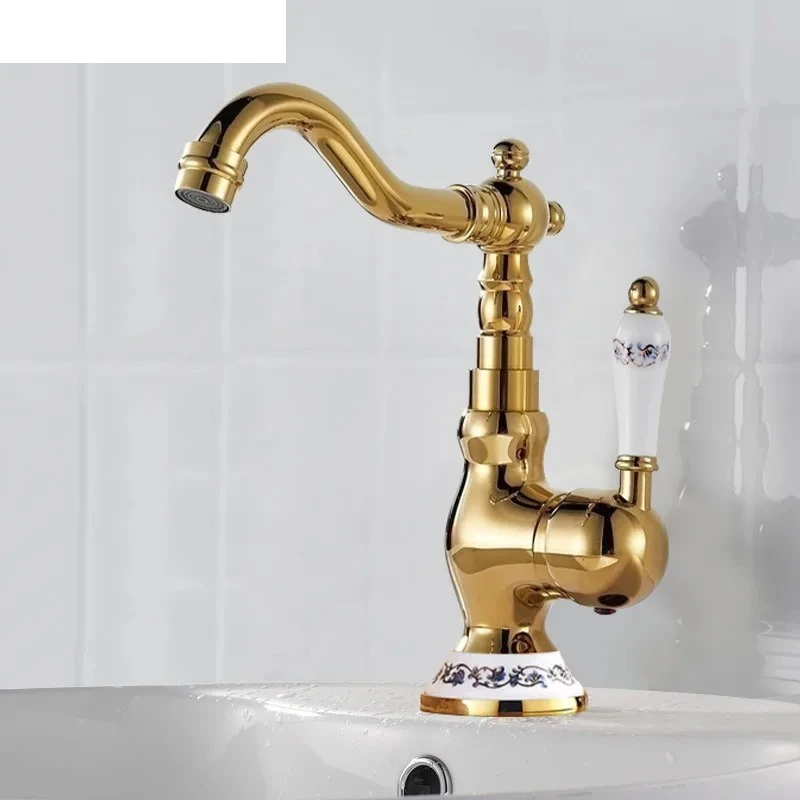 

French style full copper vintage faucet kitchen home bathroom cabinet washbasin hot and cold splash proof faucet gold