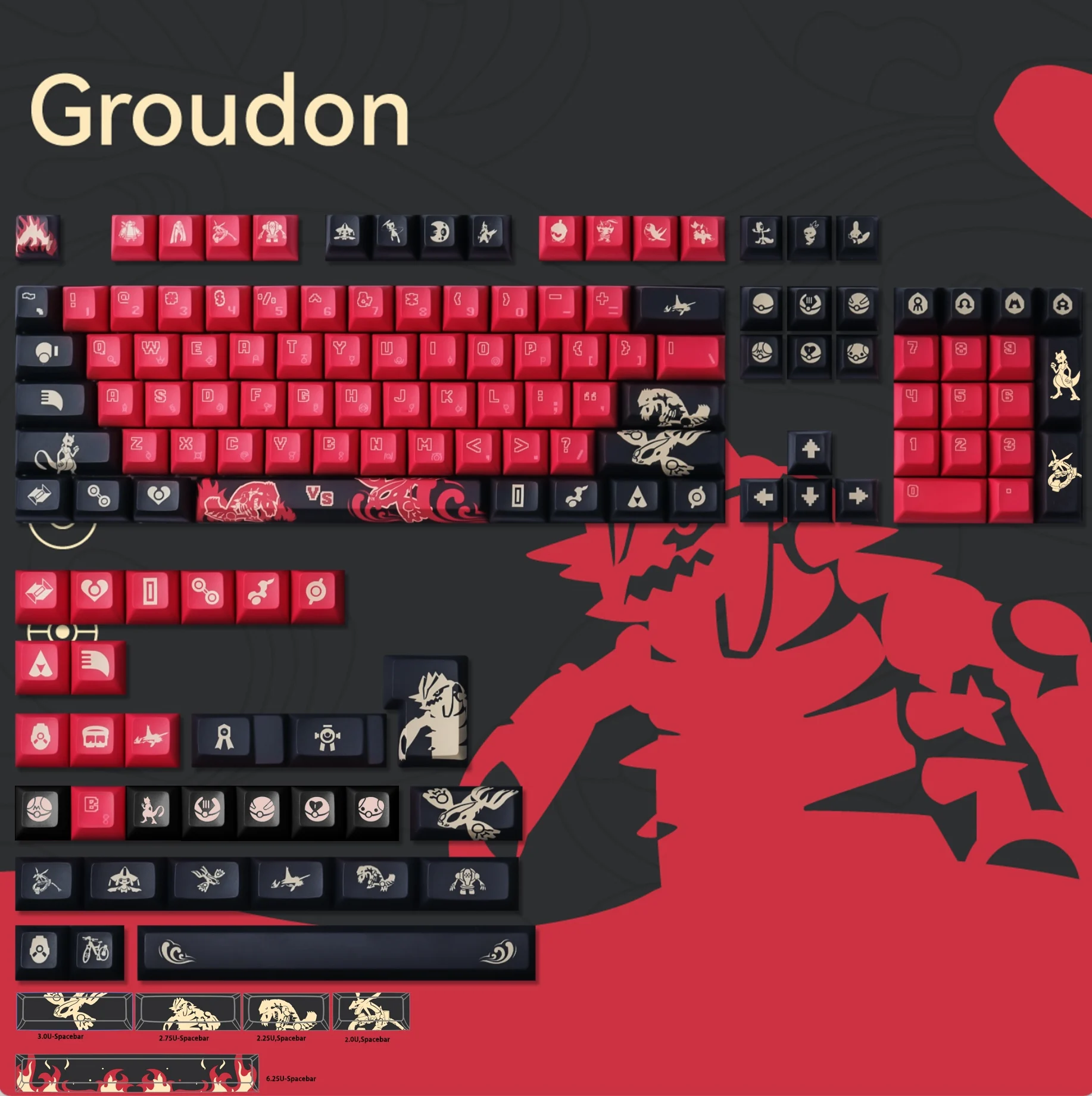 143 Keys Groudon Keycaps Black Red KCA Profile PBT Dye Sublimation Mechanical Keyboard Keycap For MX Switch 61/64/75/84/87/980