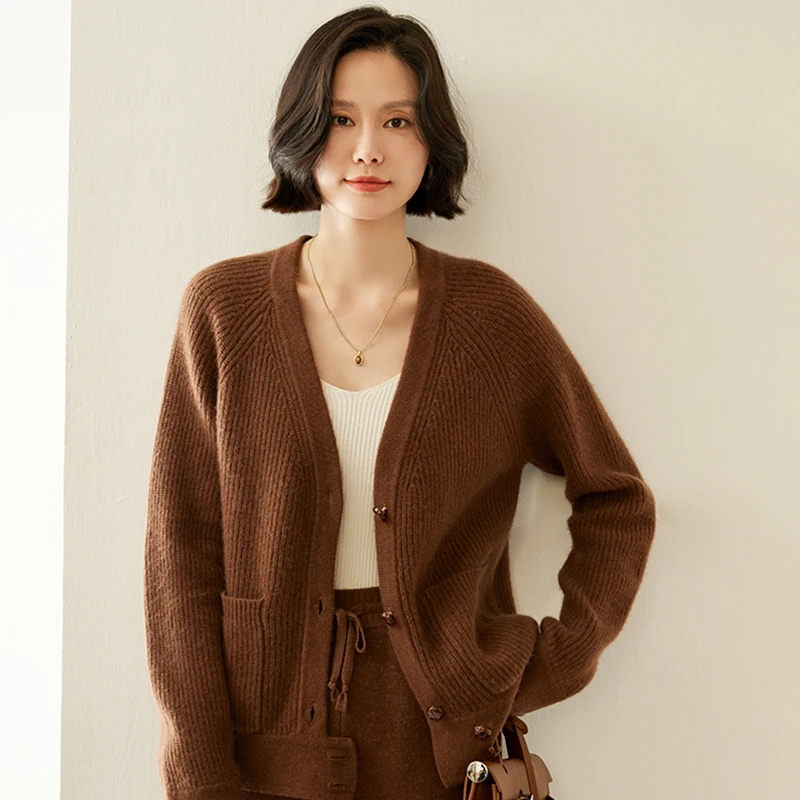 Women 100% Cashmere Sweaters Long Sleeve V-neck Cardigan Autumn Winter Thick Casual Loose Style Cashmere Knit Sweater Coat Tops