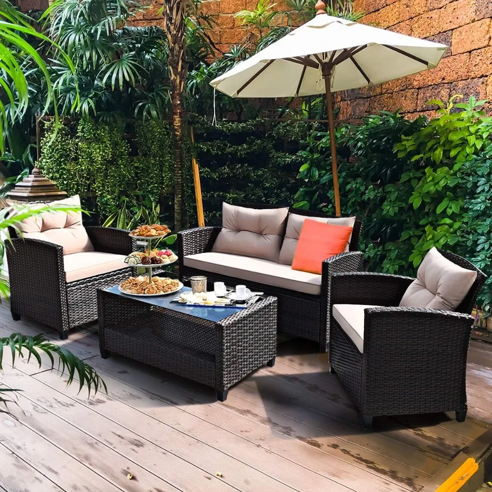 

4-Piece Patio Furniture Set, Rattan Wicker Chair Set w/1 Loveseat, 2 Single Sofas, 1 Coffee Table with Tempered Glass Top