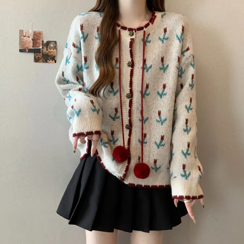 

Stylish Contrasting Color Sweater Cardigan for Women's Autumn and Winter New Style Thick and Loose Versatile and Slimming Jacket
