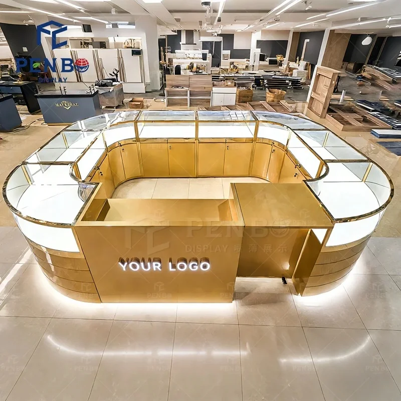 custom.New Design Jewellery Shop Showcase Led Lighting Gold Jewelry Counter Showcase Circle Simple Mall Kiosk Design Jewelry Kio