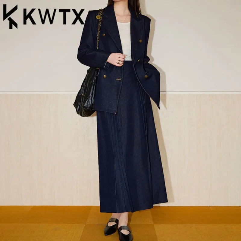 

KWTX Women's Navy Blue Two Piece Set Double Breasted Blazer with Pleated Skirt Elegant Vintage Designer Spring Summer 2025