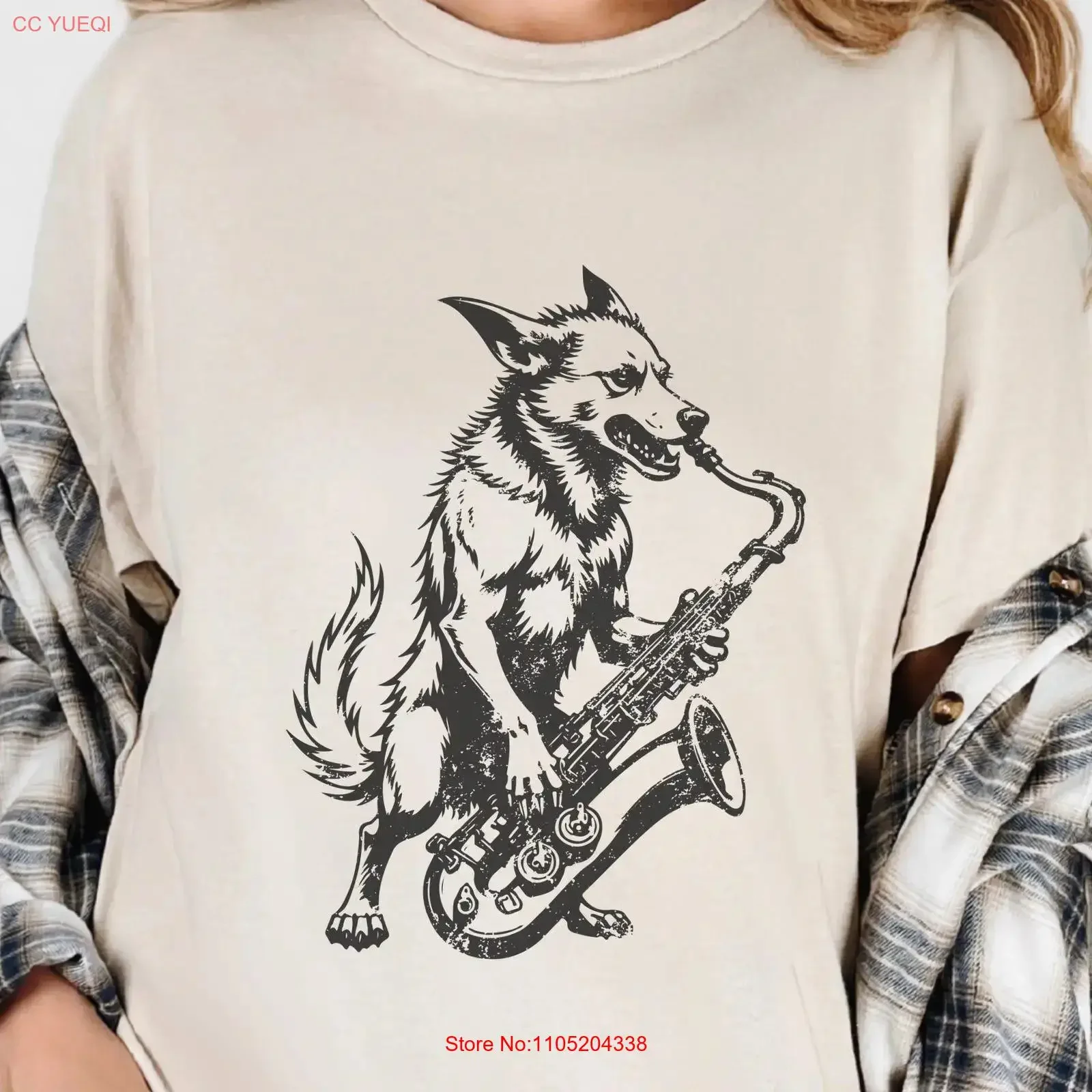 Dog playing saxophone T Shirt gift rocking graphic tee funny music wild band vintage Washed fashion Soft designer clothes