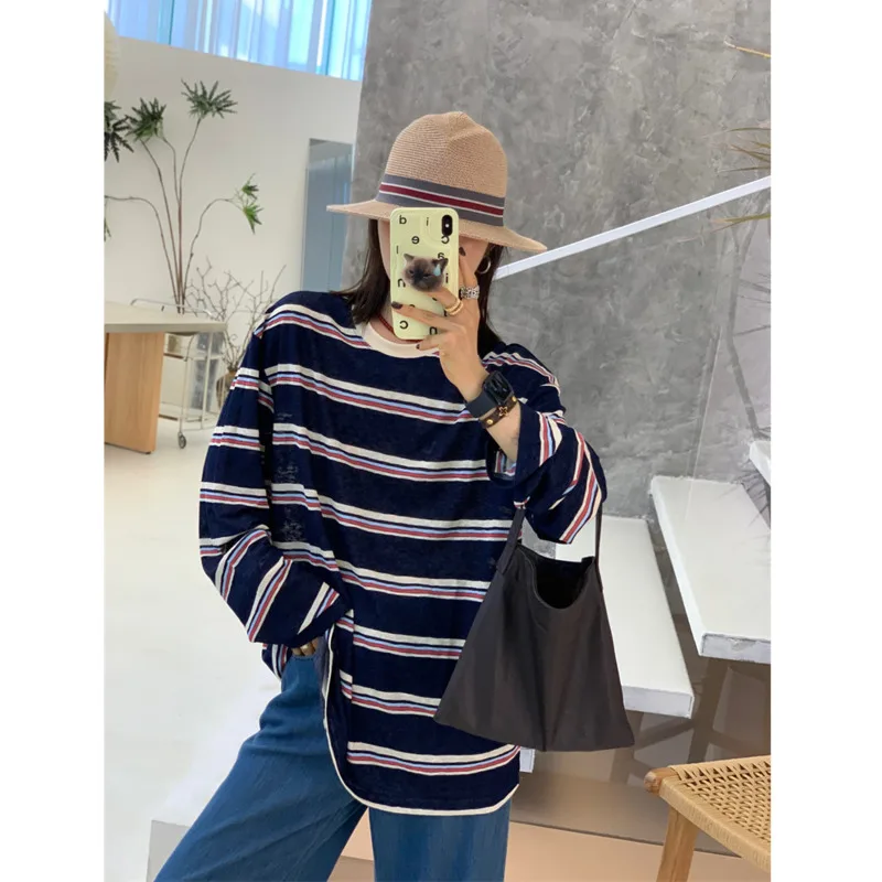 

Women Stripe Thin T-Shirt Summer Korean Round Neck Long Sleeve Loose Cotton Casual Tees