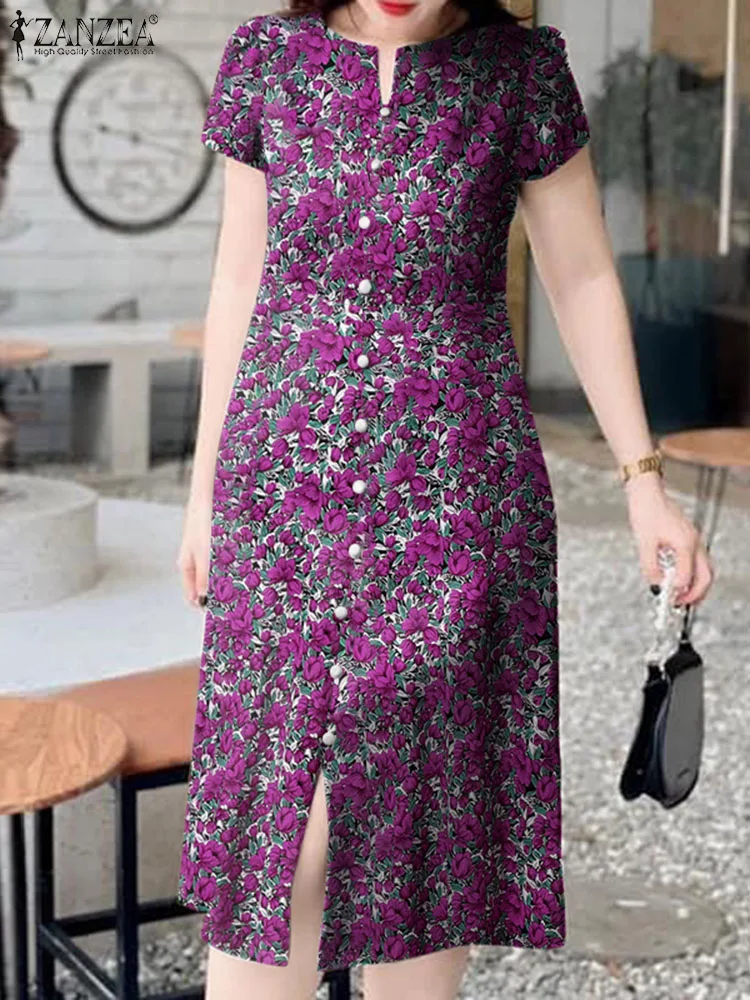 

ZANZEA Korean Short Sleeve Floral Print Midi Dress Women 2024 Summer Sundress Single Breast Robe Elegant Slit Fornt Chic Dresses