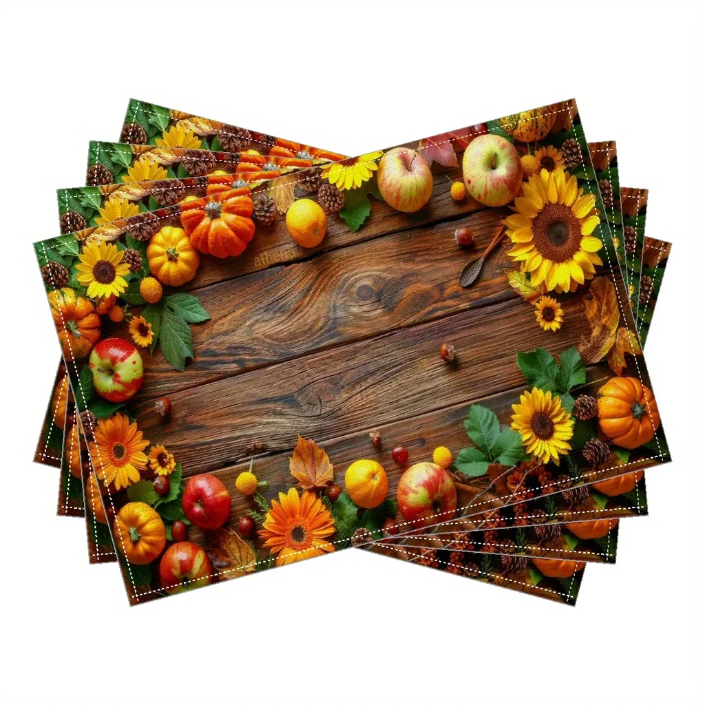 Set of 4pcs Autumn Harvest Placemats, Featuring Apples, Pumpkins, And Fall Leaves Design Perfect for Festive Occasions