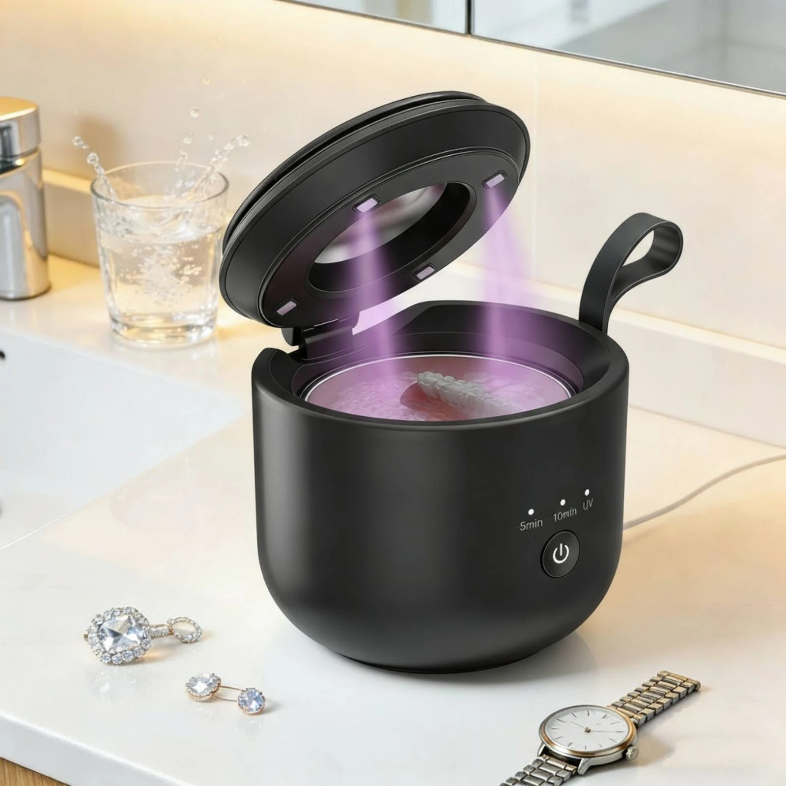 Sonic Cleaning Machine with Light Compact Portable Dental Aligner Cleaner Dental Sonic Cleaner Quiet for Travel