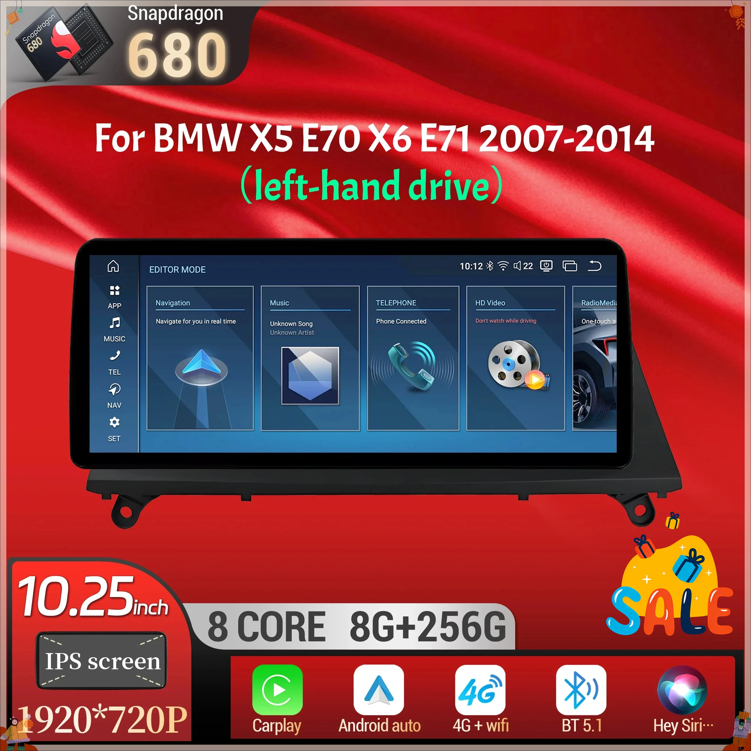 10.25 inch Left Hand Drive Android 14 For BMW X5 E70 X6 E71 2007-2014 Car Radio Wireless BT Carplay Snapdragon 680 Touch Screen