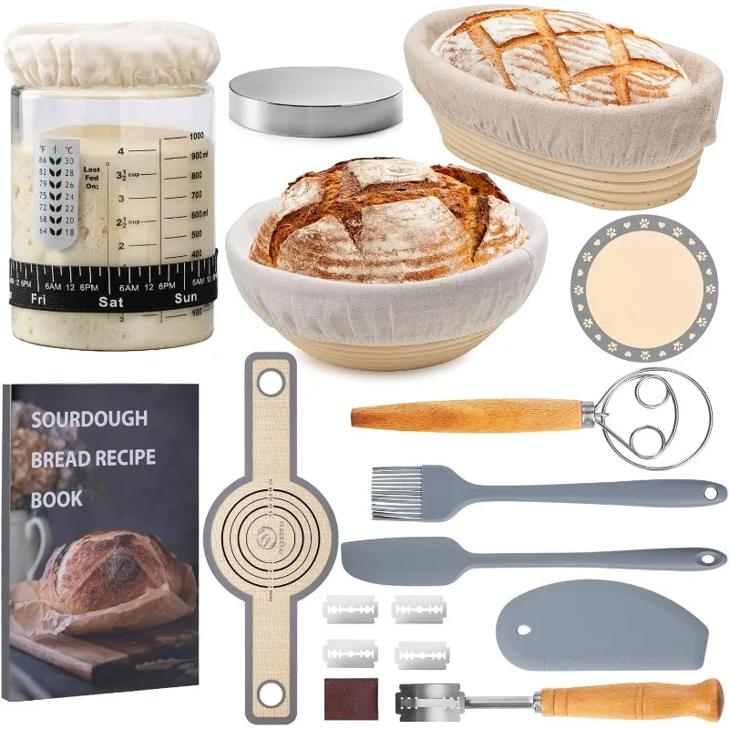 

Sourdough Starter Kit, Sourdough Bread Baking Supplies, 40oz Sourdough Starter Jar, 9" Round & 10"Oval Rattan Banneton Bread Pro