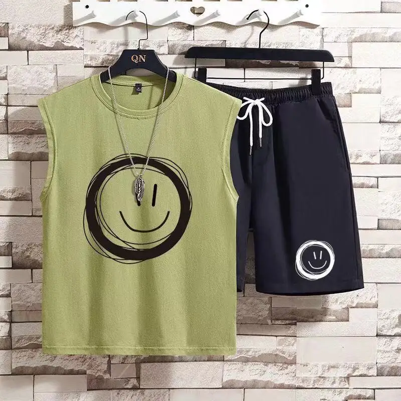 Fashion New Summer Men's suit Smiley Vest Sleeveless T-shirt Sets Men's Shorts Set plus size Five-point Pants Two-piece Set