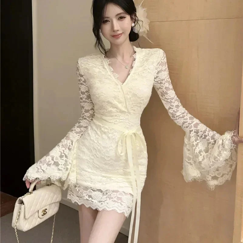 

Sexy V-neck Lace Patchwork Flared Sleeves Women Elegant Bow Lace Up Slim Fit Mini Dress 2025 Evening Party Dresses Vestidos