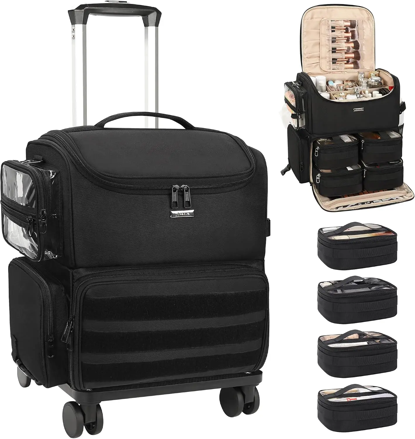 Rolling Makeup Train Case Cosmetology Wheels 4 Clear Bags Professional Artist Set Cosmetic Storage Organizer Adjustable Dividers