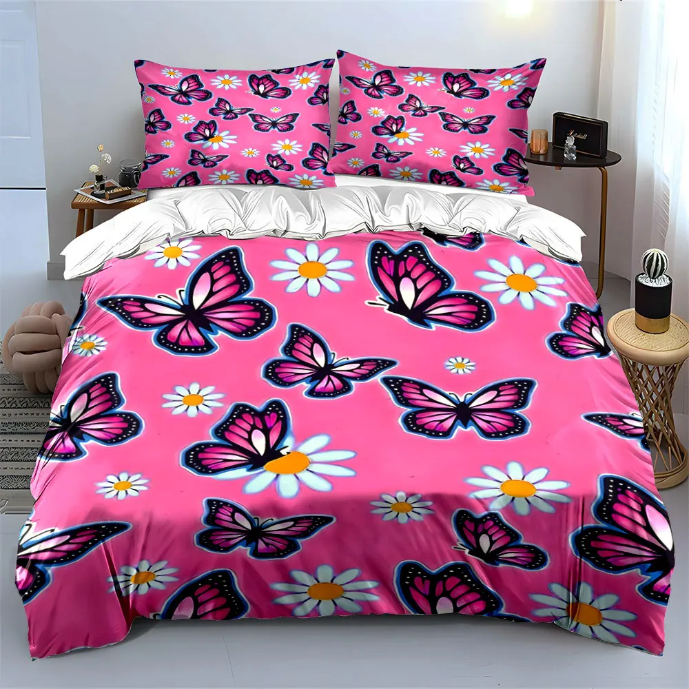 Pink background with butterflies and daisies Printed Duvet Cover Set 1 Duvet Cover+2 Pillowcase Multi Size Bedroom Bedding Decor 3