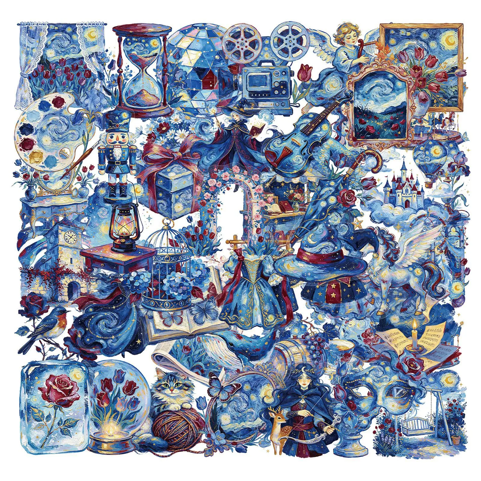 50 Pcs Transparent Impression Van Gogh Stickers Pack Waterproof PET Journal Supplies Decorative Guitar Notebook Luggage