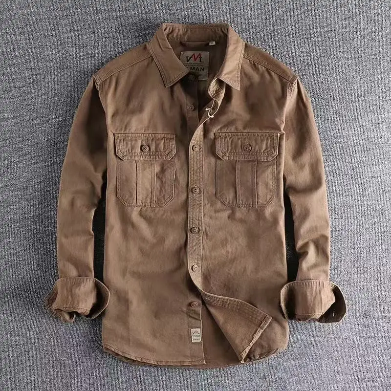 2025 Autumn/Winter New European and American Retro 100% Cotton Long Sleeve Shirt Simple, Loose, Versatile, Thick Style Men