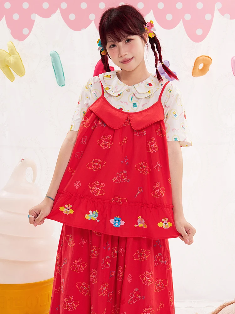 

Warm Light NIKKOU Heavy Embroidery Animal Angel Adjustable oulder Strap Red Top Cute Girl's Sweet Sle Loose Fit Cotton Vest