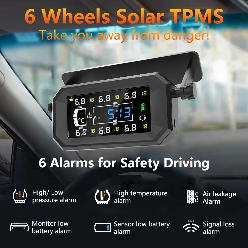 8Bar / 15Bar سيارة RV شاحنة TPMS 6 عجلات الاستشعار الشمسية نظام مراقبة ضغط الإطارات درجة الحرارة على مدار الساعة ضغط الهواء عرض إنذار أجهزة الاستشعار الخارجية / الداخلية