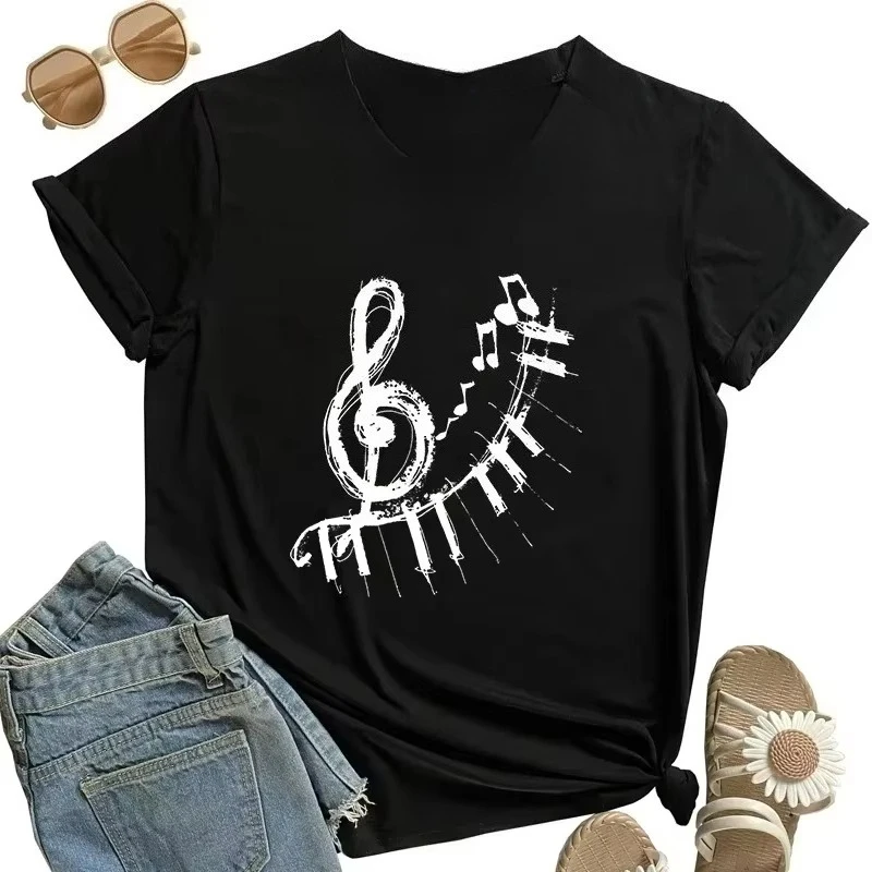T‑shirt Treble Clef Piano Key Music Note Graphic Tee Crew Neck Short Sleeve Vintage Musical Sketch Art Casual Top Free Shipping