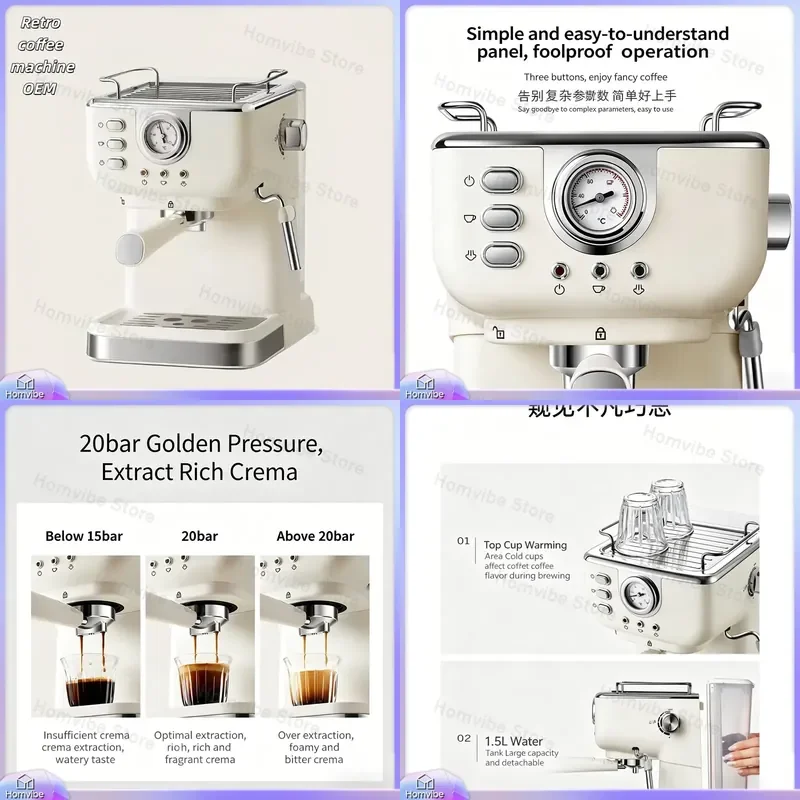 Italian Style Retro Semi-Automatic Espresso 20 Bar Pressure Pump with Pre-Brew Function Milk Frother Coffee Maker for