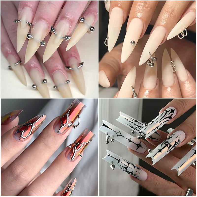 12 compartimentos de tachas góticas punk para uñas, diseños Y2K, metálicas plateadas, remaches, estrellas 3D, decoraciones de aleación 6